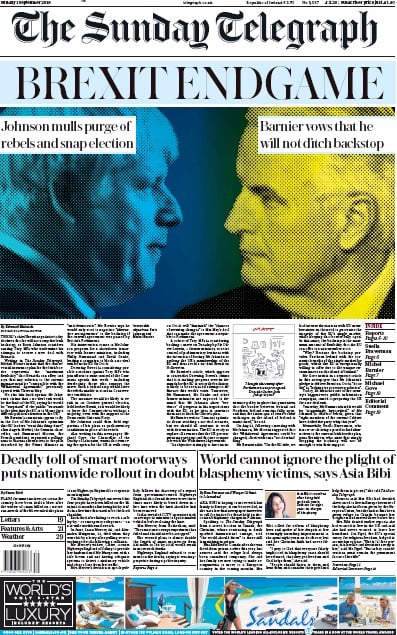 The Sunday Telegraph Newspaper Front Page (UK) for 1 September 2019