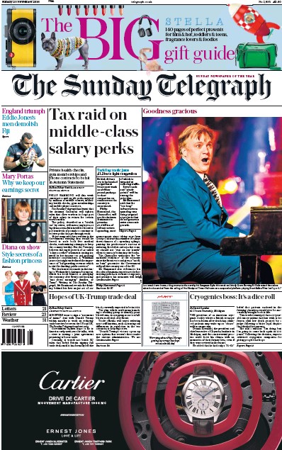 The Sunday Telegraph Newspaper Front Page (UK) for 20 November 2016