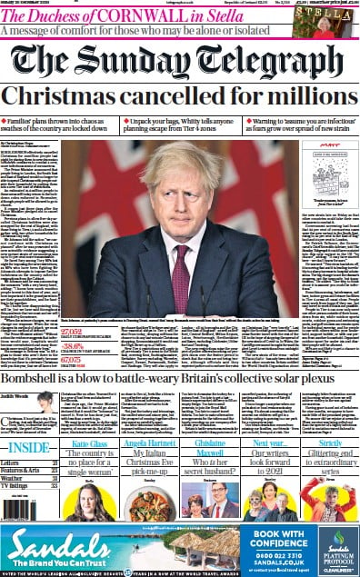 The Sunday Telegraph Newspaper Front Page (UK) for 20 December 2020