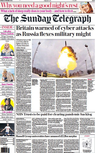 The Sunday Telegraph Newspaper Front Page (UK) for 20 February 2022