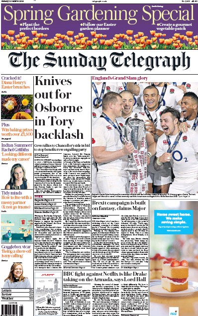 The Sunday Telegraph Newspaper Front Page (UK) for 20 March 2016