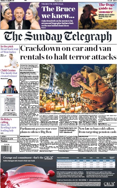 The Sunday Telegraph Newspaper Front Page (UK) for 20 August 2017
