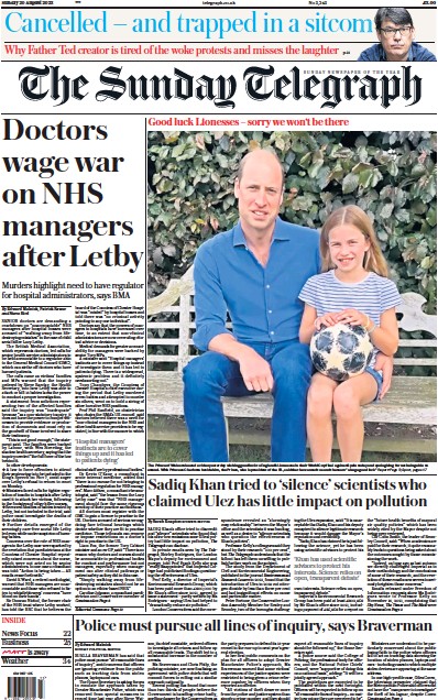 The Sunday Telegraph Newspaper Front Page (UK) for 20 August 2023