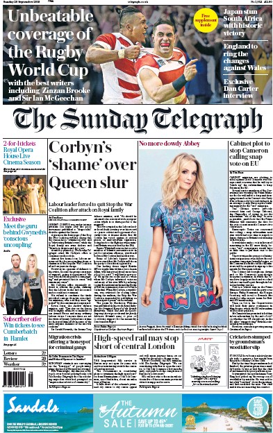 The Sunday Telegraph Newspaper Front Page (UK) for 20 September 2015