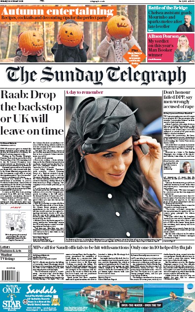 The Sunday Telegraph Newspaper Front Page (UK) for 21 October 2018