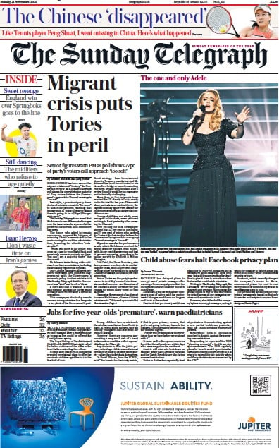 The Sunday Telegraph Newspaper Front Page (UK) for 21 November 2021