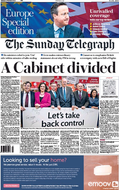 The Sunday Telegraph Newspaper Front Page (UK) for 21 February 2016