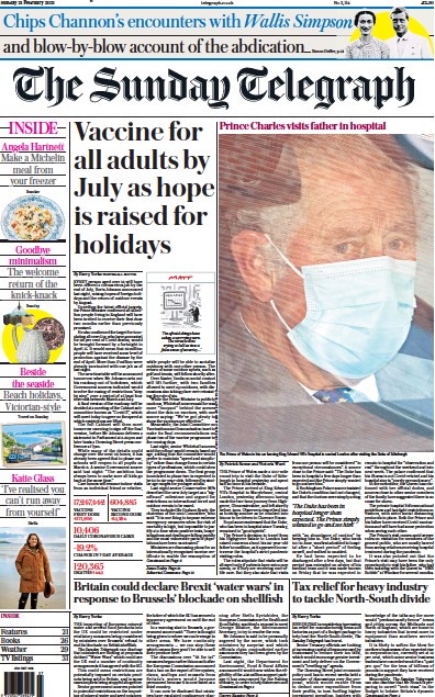 The Sunday Telegraph Newspaper Front Page (UK) for 21 February 2021