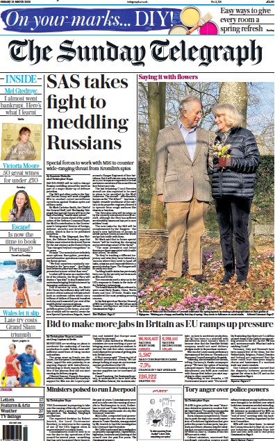The Sunday Telegraph Newspaper Front Page (UK) for 21 March 2021