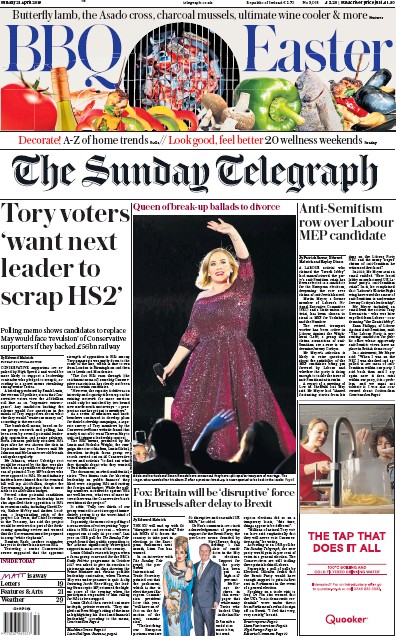 The Sunday Telegraph Newspaper Front Page (UK) for 21 April 2019