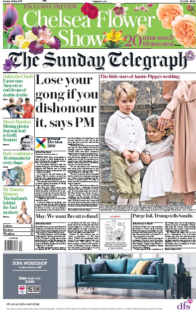 The Sunday Telegraph Newspaper Front Page (UK) for 21 May 2017