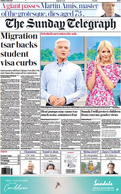The Sunday Telegraph Newspaper Front Page (UK) for 21 May 2023