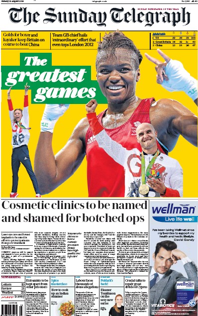 The Sunday Telegraph Newspaper Front Page (UK) for 21 August 2016