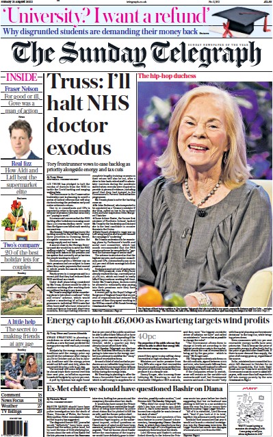 The Sunday Telegraph Newspaper Front Page (UK) for 21 August 2022