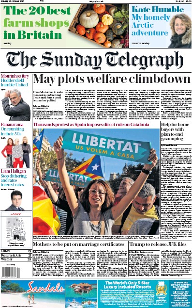 The Sunday Telegraph Newspaper Front Page (UK) for 22 October 2017