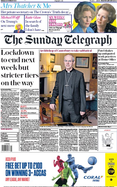 The Sunday Telegraph Newspaper Front Page (UK) for 22 November 2020