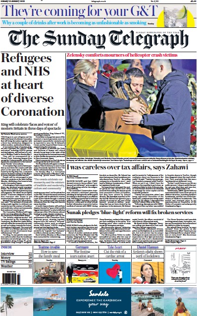 The Sunday Telegraph Newspaper Front Page (UK) for 22 January 2023