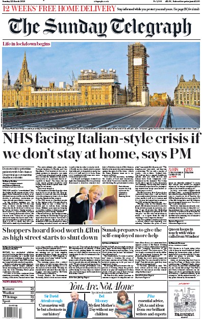 The Sunday Telegraph Newspaper Front Page (UK) for 22 March 2020
