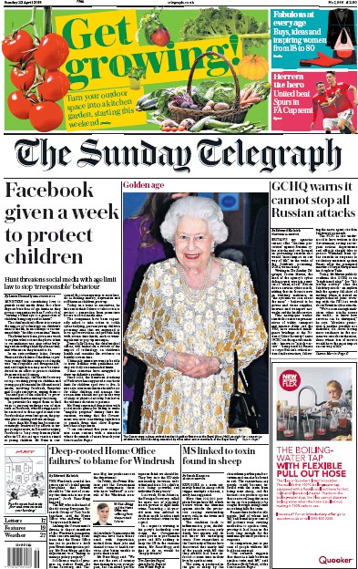 The Sunday Telegraph Newspaper Front Page (UK) for 22 April 2018