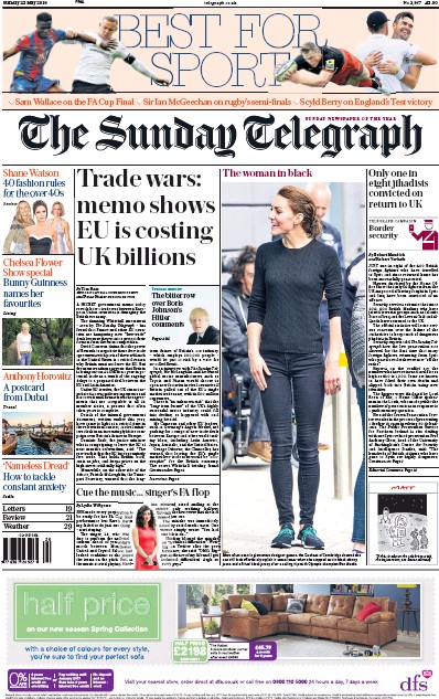 The Sunday Telegraph Newspaper Front Page (UK) for 22 May 2016