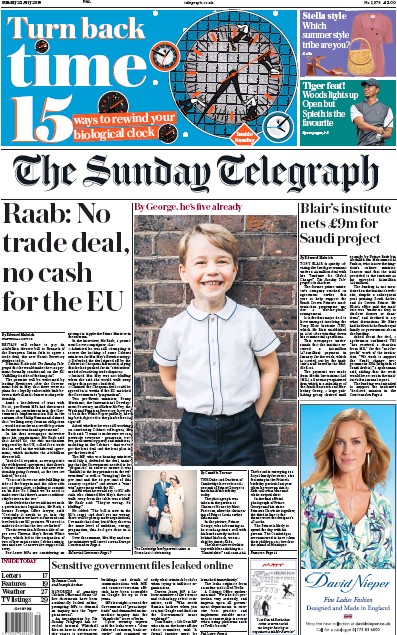 The Sunday Telegraph Newspaper Front Page (UK) for 22 July 2018