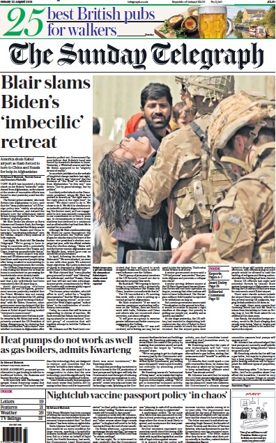 The Sunday Telegraph Newspaper Front Page (UK) for 22 August 2021