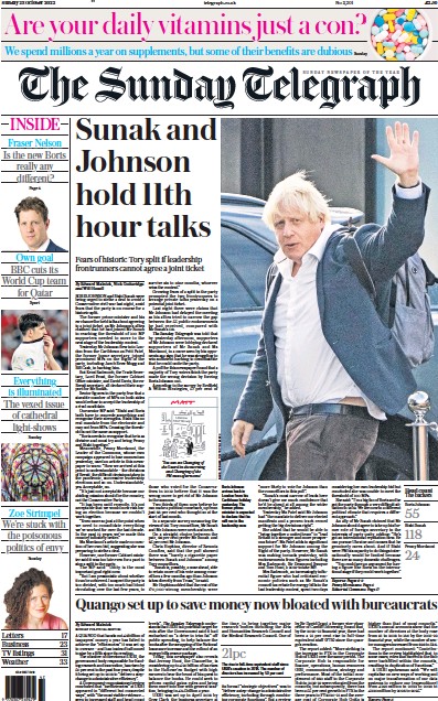 The Sunday Telegraph Newspaper Front Page (UK) for 23 October 2022