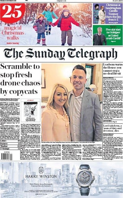 The Sunday Telegraph Newspaper Front Page (UK) for 23 December 2018