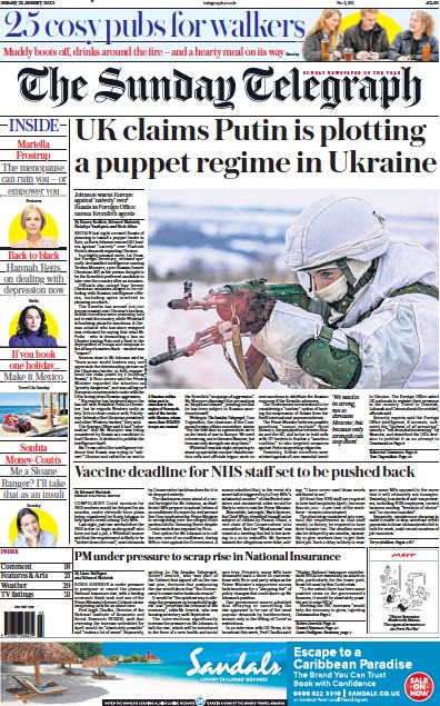 The Sunday Telegraph Newspaper Front Page (UK) for 23 January 2022