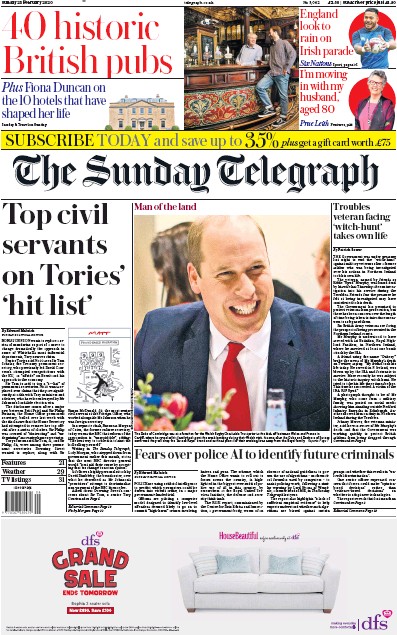 The Sunday Telegraph Newspaper Front Page (UK) for 23 February 2020