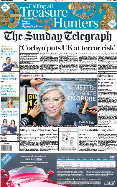 The Sunday Telegraph Newspaper Front Page (UK) for 23 April 2017