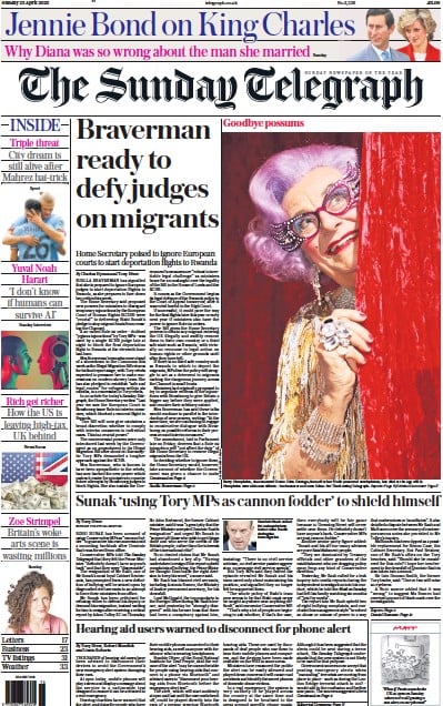 The Sunday Telegraph Newspaper Front Page (UK) for 23 April 2023