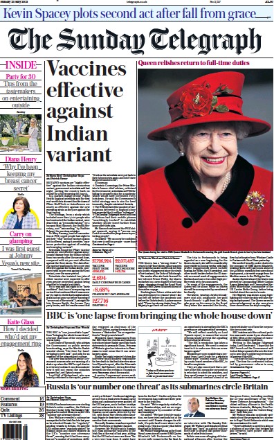 The Sunday Telegraph Newspaper Front Page (UK) for 23 May 2021