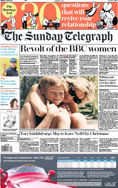 The Sunday Telegraph Newspaper Front Page (UK) for 23 July 2017