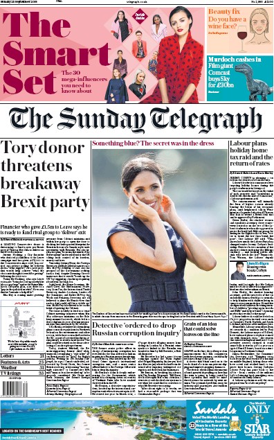 The Sunday Telegraph Newspaper Front Page (UK) for 23 September 2018