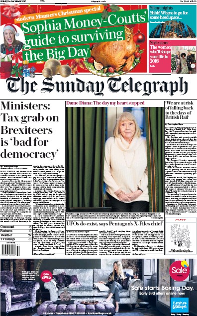 The Sunday Telegraph Newspaper Front Page (UK) for 24 December 2017