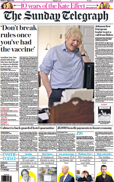 The Sunday Telegraph Newspaper Front Page (UK) for 24 January 2021