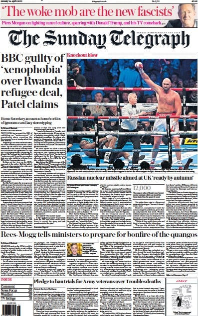 The Sunday Telegraph Newspaper Front Page (UK) for 24 April 2022