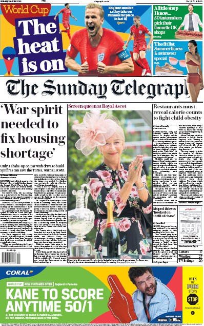 The Sunday Telegraph Newspaper Front Page (UK) for 24 June 2018