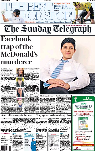 The Sunday Telegraph Newspaper Front Page (UK) for 24 July 2016