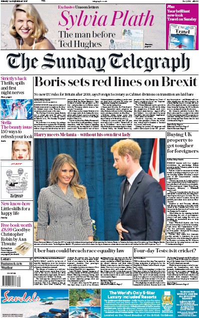 The Sunday Telegraph Newspaper Front Page (UK) for 24 September 2017
