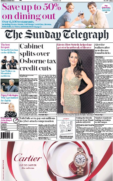 The Sunday Telegraph Newspaper Front Page (UK) for 25 October 2015