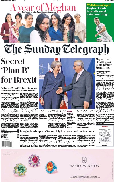 The Sunday Telegraph Newspaper Front Page (UK) for 25 November 2018