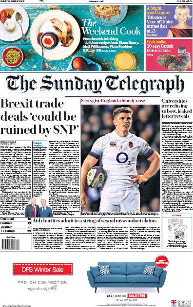 The Sunday Telegraph Newspaper Front Page (UK) for 25 February 2018