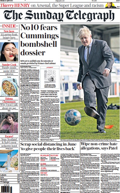 The Sunday Telegraph Newspaper Front Page (UK) for 25 April 2021
