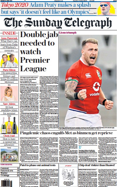 The Sunday Telegraph Newspaper Front Page (UK) for 25 July 2021