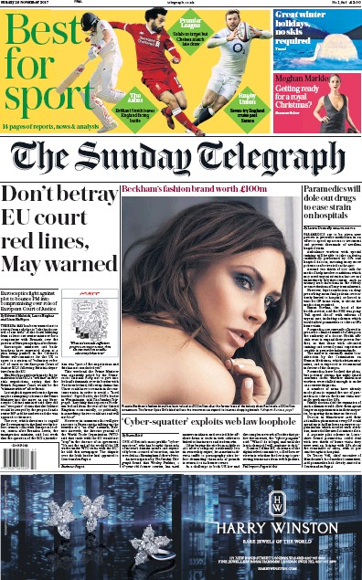 The Sunday Telegraph Newspaper Front Page (UK) for 26 November 2017