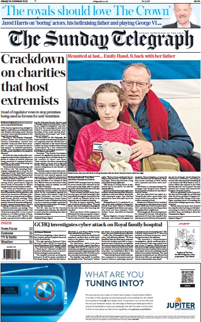 The Sunday Telegraph Newspaper Front Page (UK) for 26 November 2023