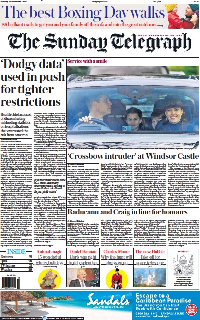 The Sunday Telegraph Newspaper Front Page (UK) for 26 December 2021