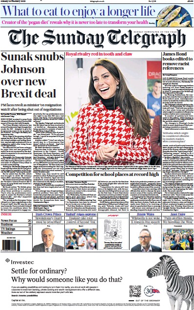 The Sunday Telegraph Newspaper Front Page (UK) for 26 February 2023